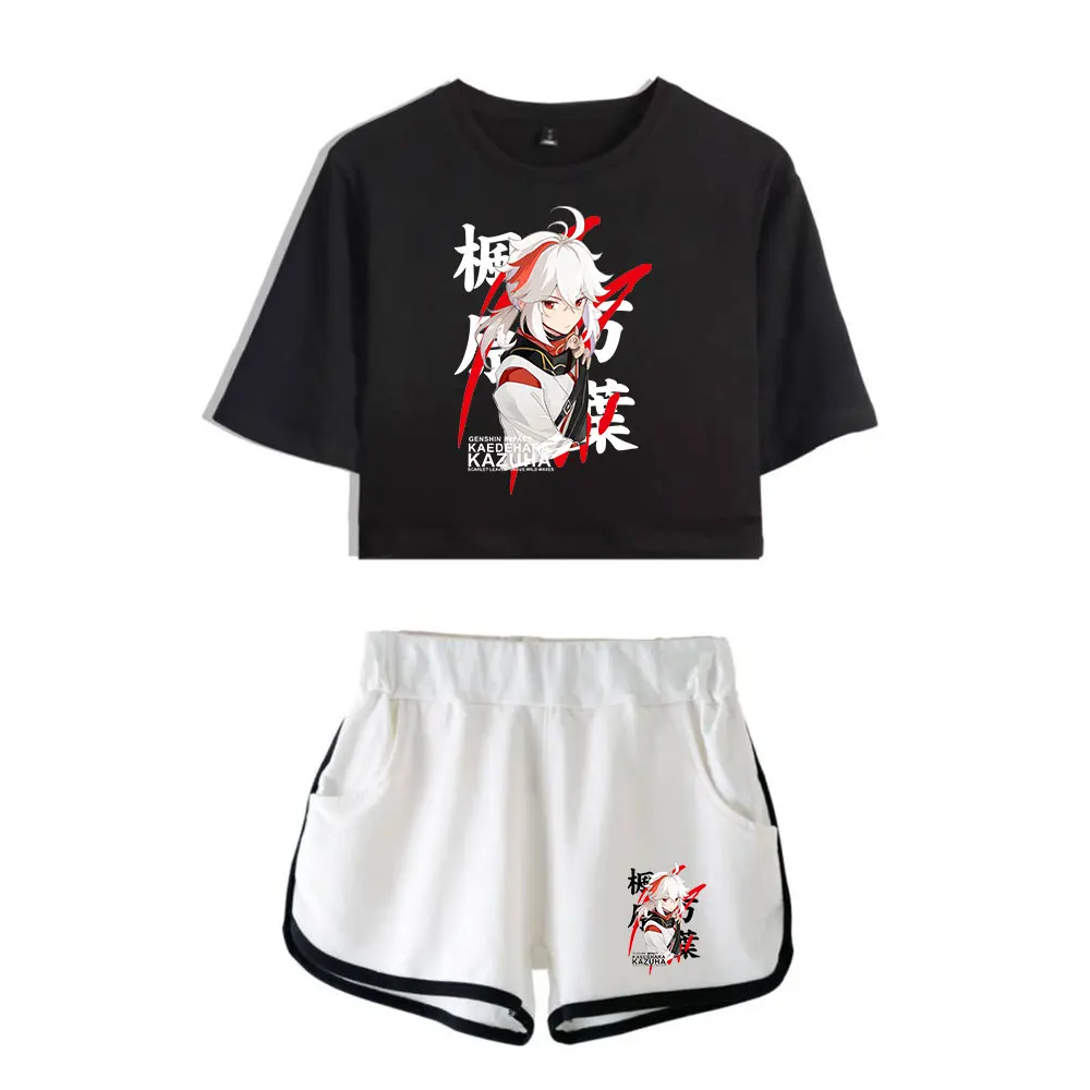 

Creative Genshin Impact Kaedehara Kazuha Print Two Piece Set Women Sexy Shorts+lovely T-shirt Cute Dew navel Sport Girl suits