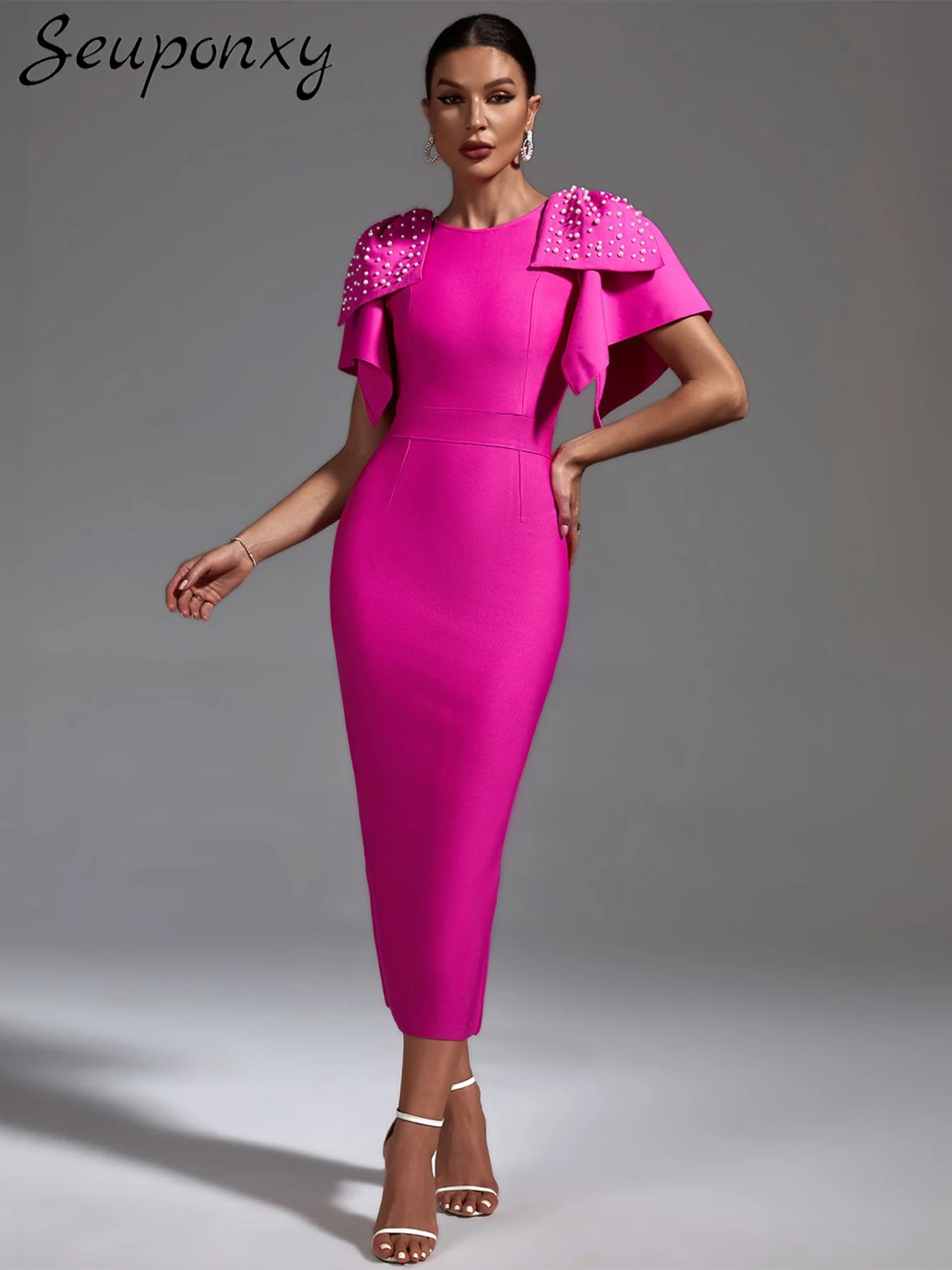

High Quality Women's Sexy O-Neck Ruffle Sleeve Beaded Midi Bandage Dress Celebrating Birthday Party Cocktail Dress Vestidos