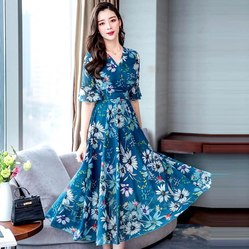 Fashion Short Sleeve Dress V-Neck Floral Print Loose Women Long Dress Summer Casual A-Line Elegant Dress vestidos para mujer