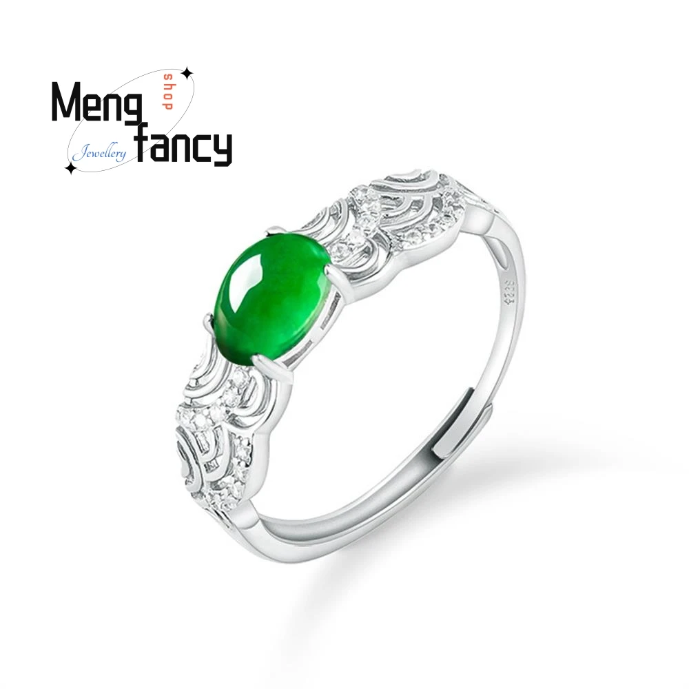 

S925 Silver Natural A-goods Jadeite Green Oval Egg Surface Icy Jade Ring Adjustable Exquisite Elegant Luxury Quality Jewelry