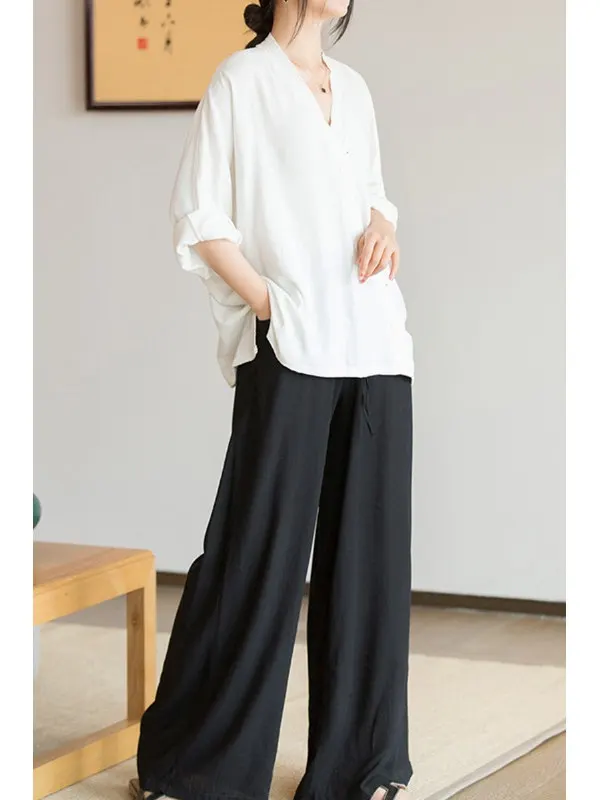 

Женский летний хлопковый льняной топ в стиле ретро в стиле ретро, дзен, буддийская чайная церемония, повседневный свободный крой, длинный свеч V-Ne, однотонный топ