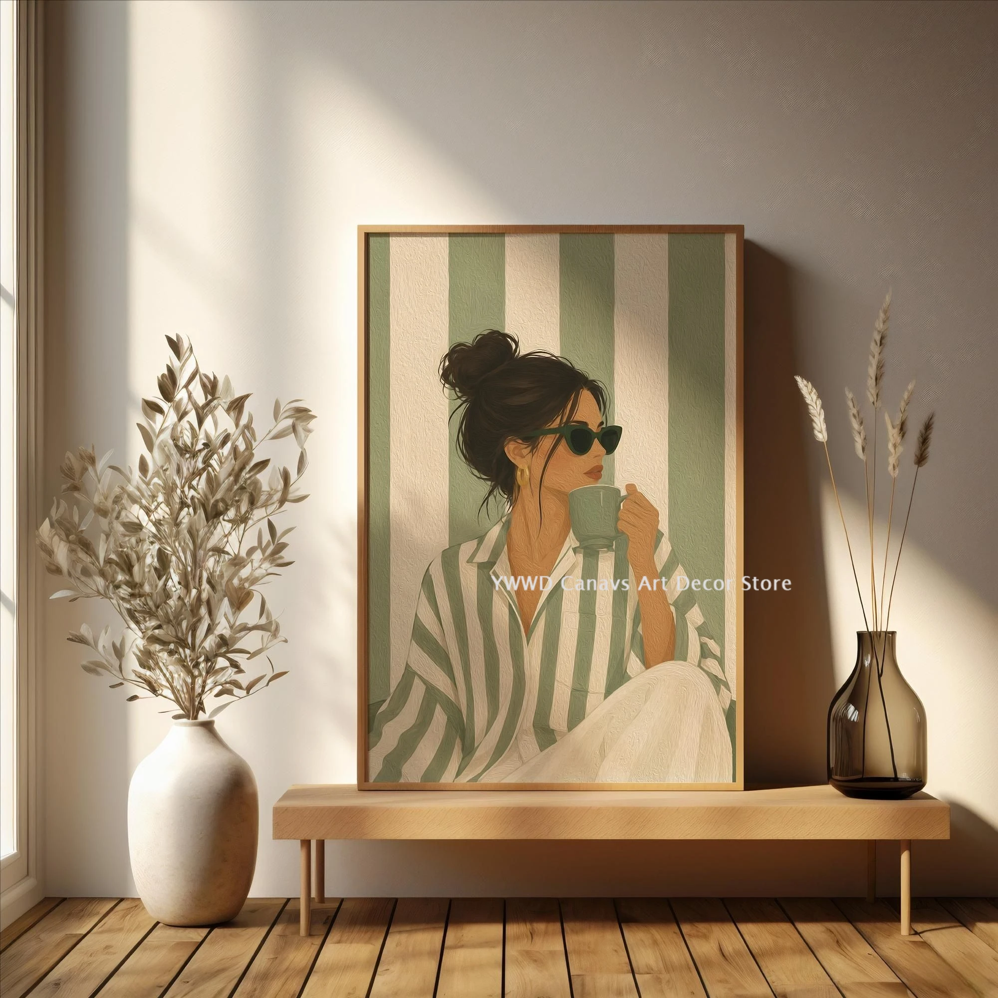 Green Aesthetics Woman Coffee Moment Canvas Poster Simple Red and Pink Striped Girly Wall Art Printing for Modern Home Decor