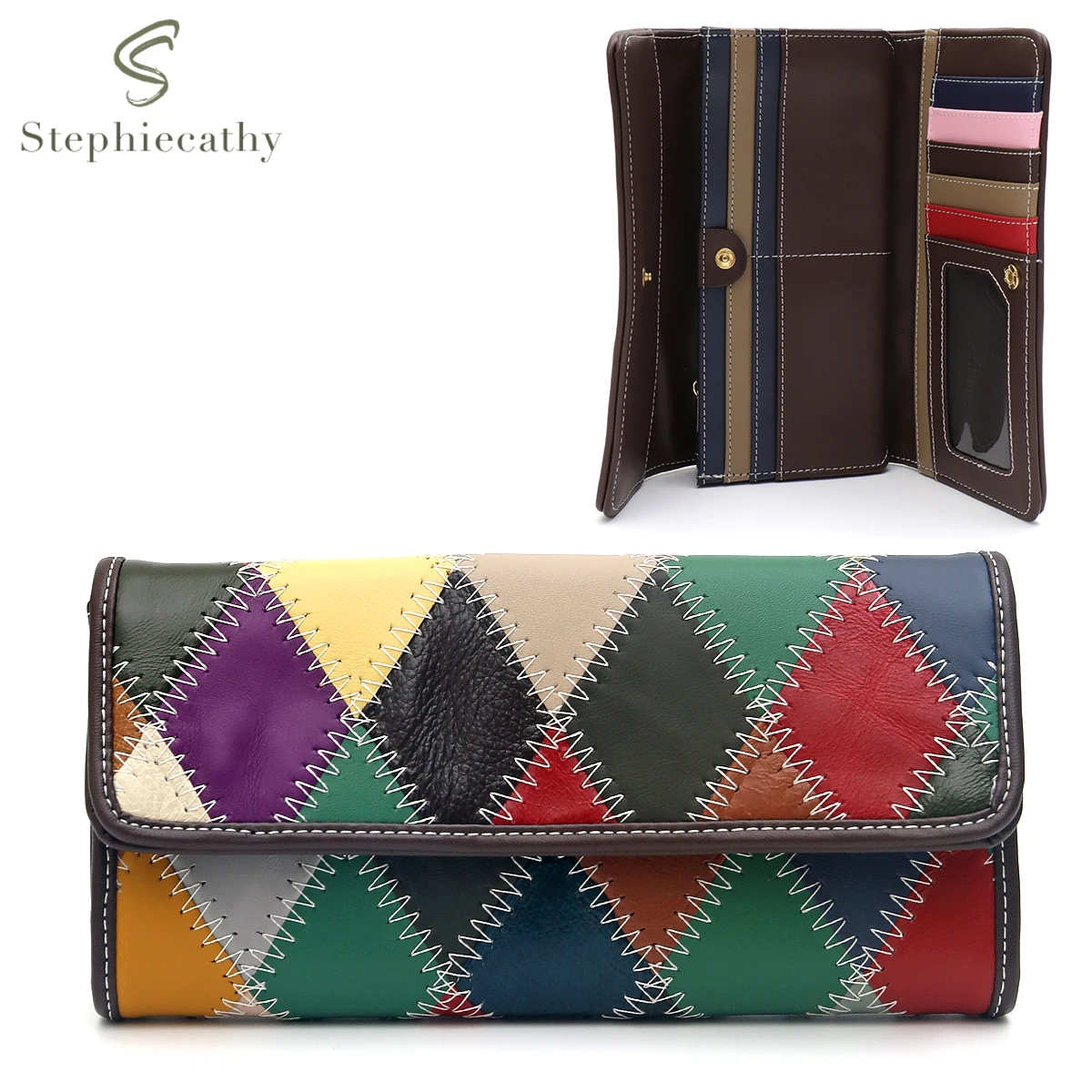 

SC Women's Vintage Style Colorful Genuine Leather Patchwork Flap Cover Trifold Long Wallet Argyle Real Skin Clutch Purse Daily