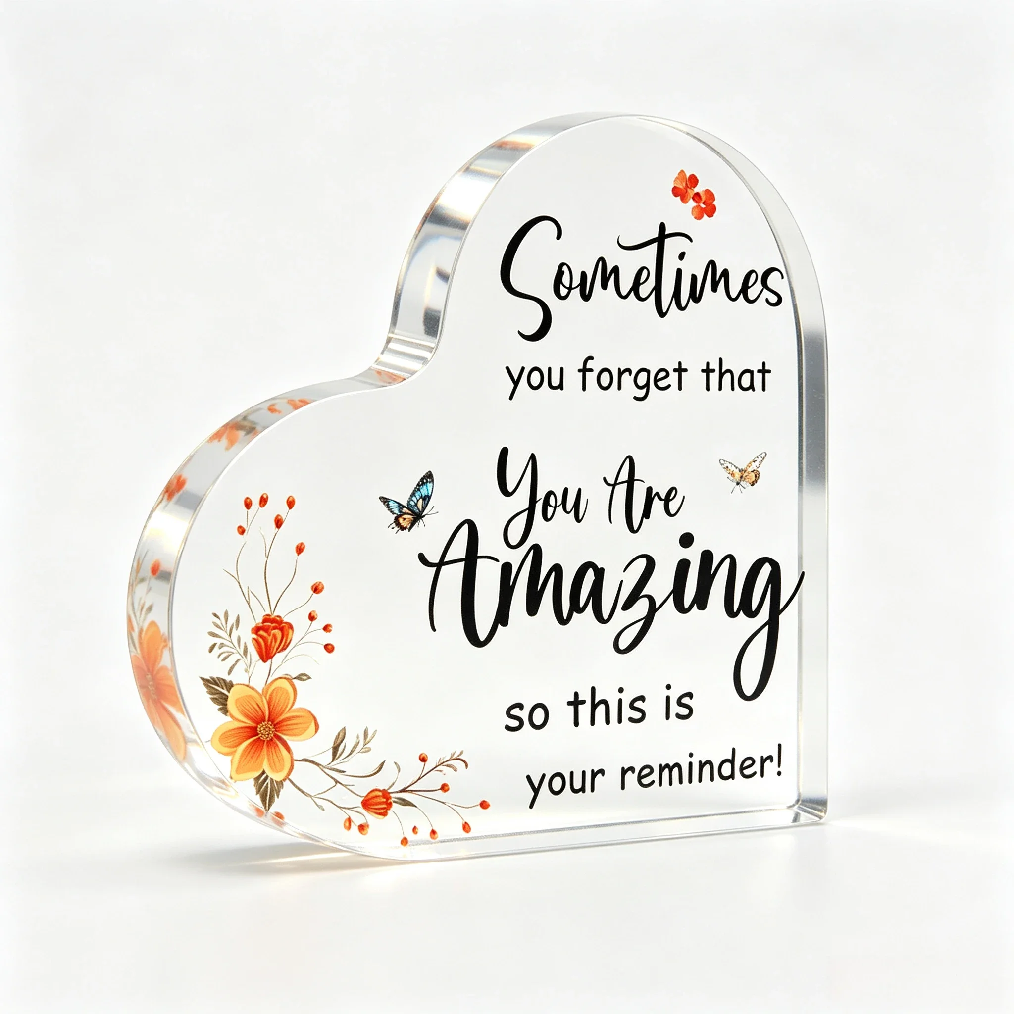 You Are Amazing Heart‑Shaped Acrylic Tabletop Plaque, Orange Floral Butterfly Encouragement Desk Decor