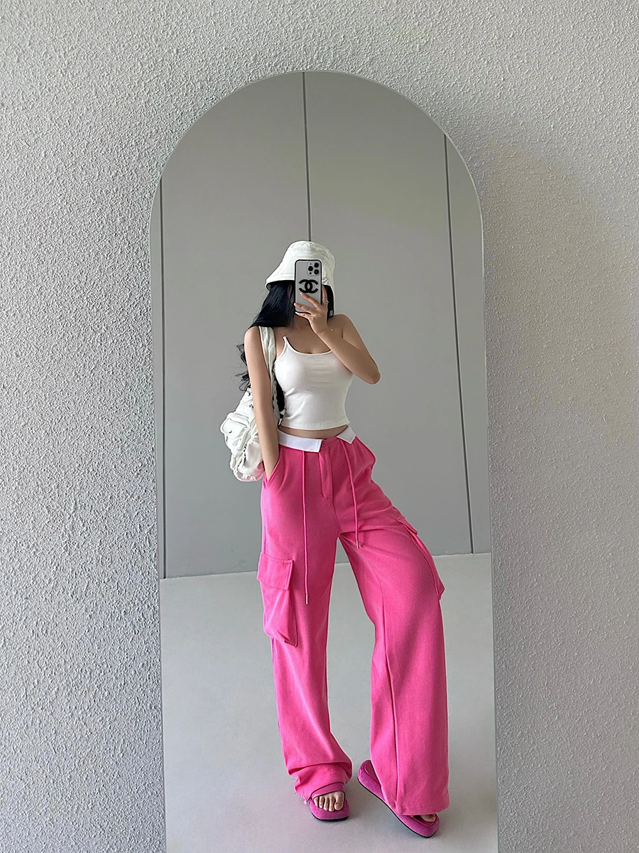 Street Style Loose Fit Casual Pants High Waist Trousers Women's Drawstring Cargo Long Trousers Color Block Cuffed Jeans