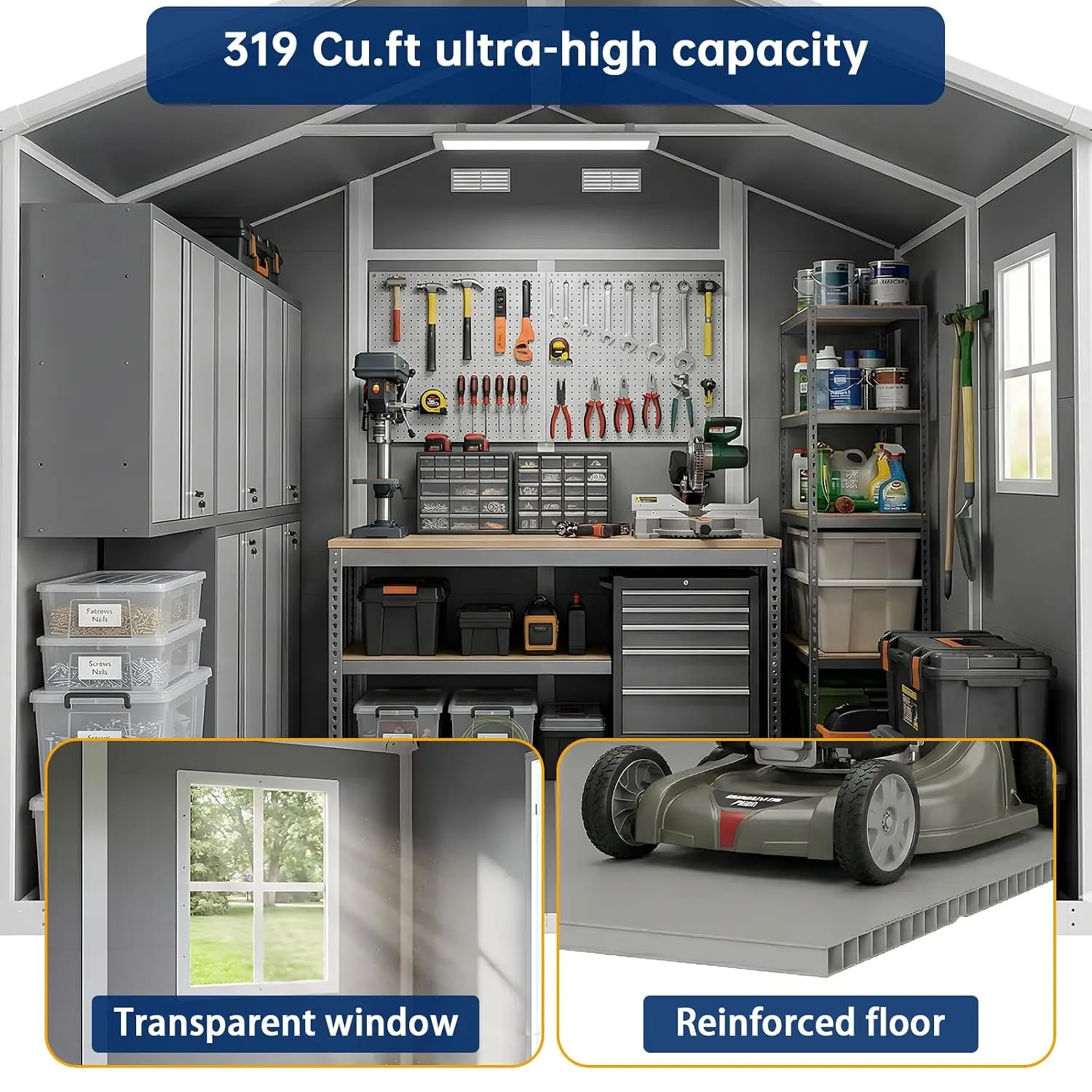 8×6 FT Outdoor Storage Shed with Floor Waterproof Garden Resin Tool House Backyard Patio, Customized - view 6