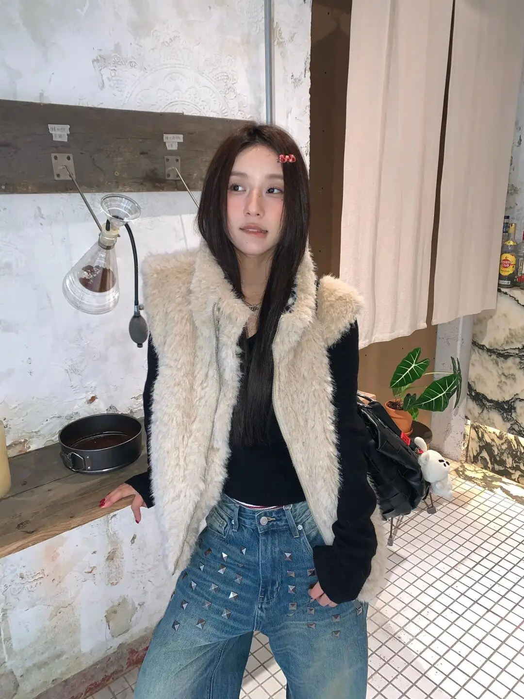 

Осень-зима, клетчатый пушистый хлопковый двусторонний жилет, женская верхняя одежда, повседневный круглый кардиган длиной Ne ort