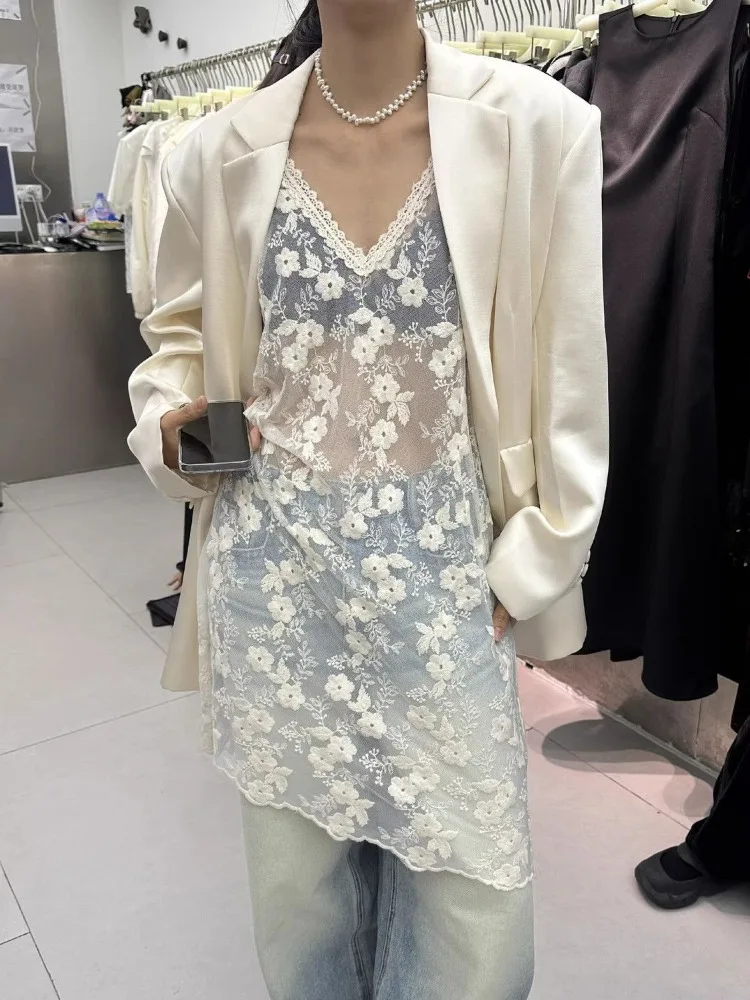 Y2k All-match Lace V-neck Vest Dress For Women See Through Mesh Dresses 2025 Summer New Sleeveless Thin Vestidos De Mujer