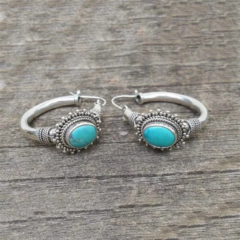 Pendientes de aro de piedra verde para mujer, aretes bohemios, joyería de fiesta de compromiso, Color plateado, nueva moda