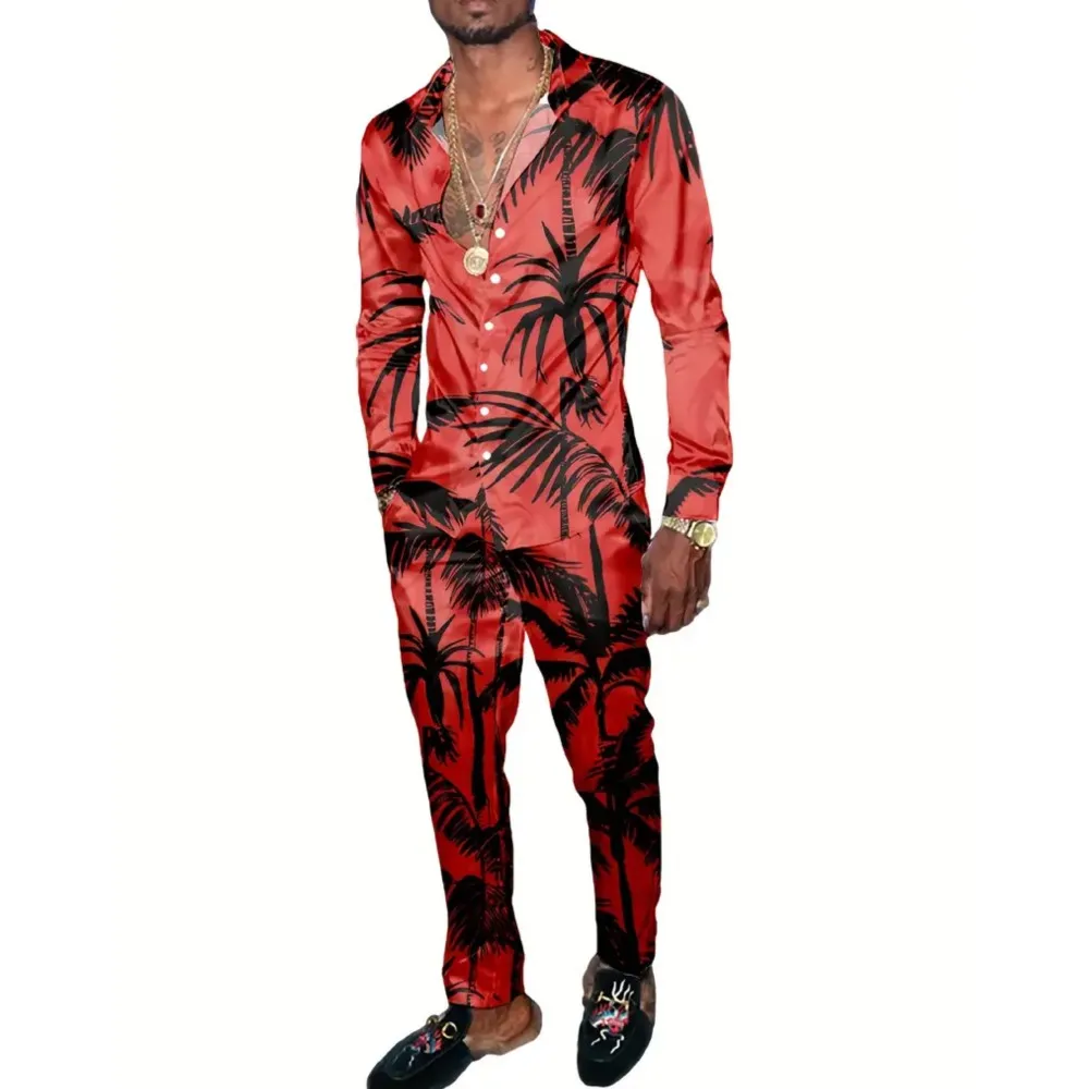 

Long Sleeve Shirt Set Men's Coconut Tree Print 3D Printed Button-down Shirt And Pants Set New Men's Fashion Casual Simple Suit