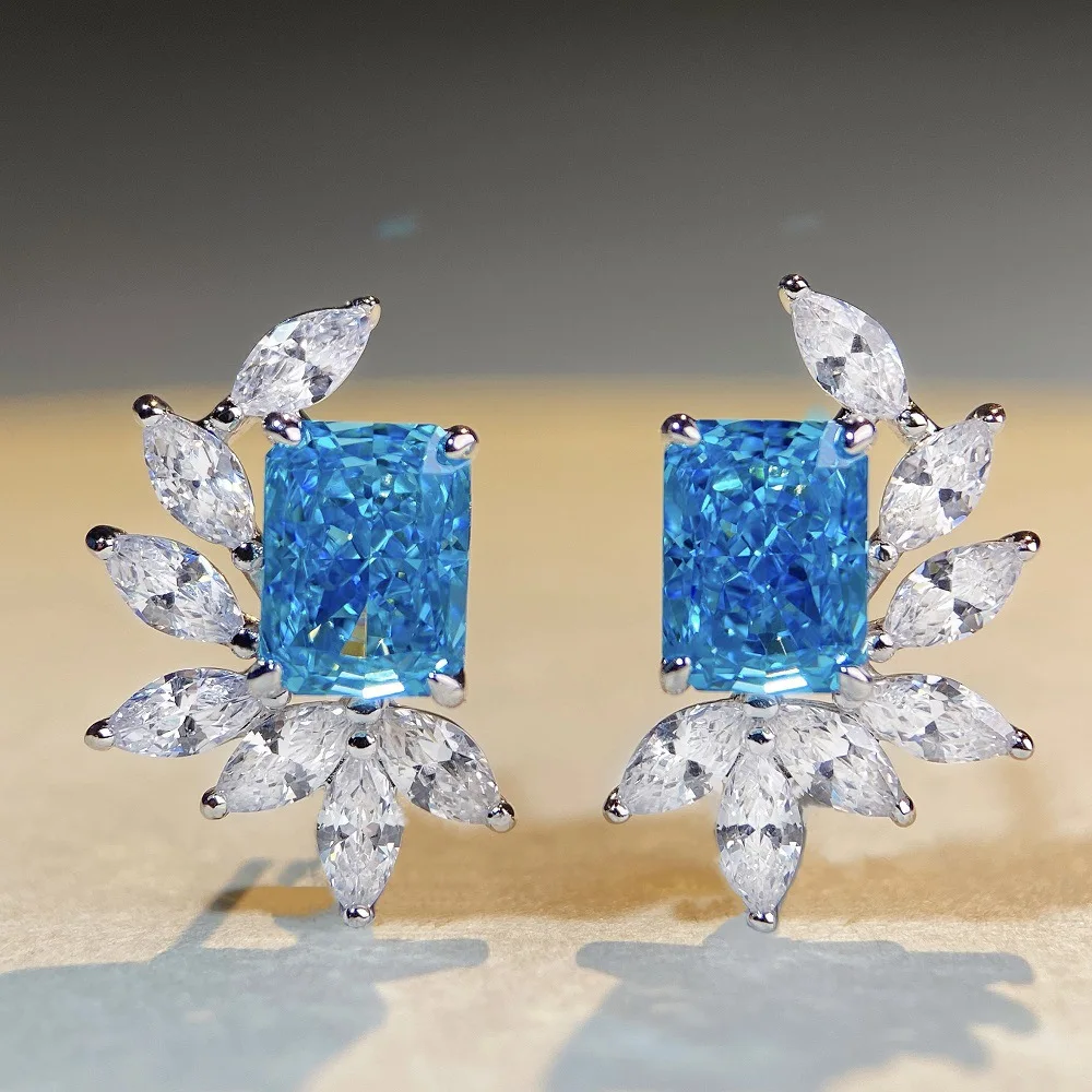 

S925 Pure Silver Ice Flower Cut Earrings, Sea Blue Precious Color Earrings, Full Diamond Horse Eye Zircon Silver Earrings