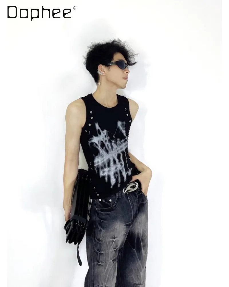 2026 Summer Men's American Retro Street Feng Shui Ripple Phantom Print Cuff Rivet Decorative Round Neck Shaped Sleeveless Vest