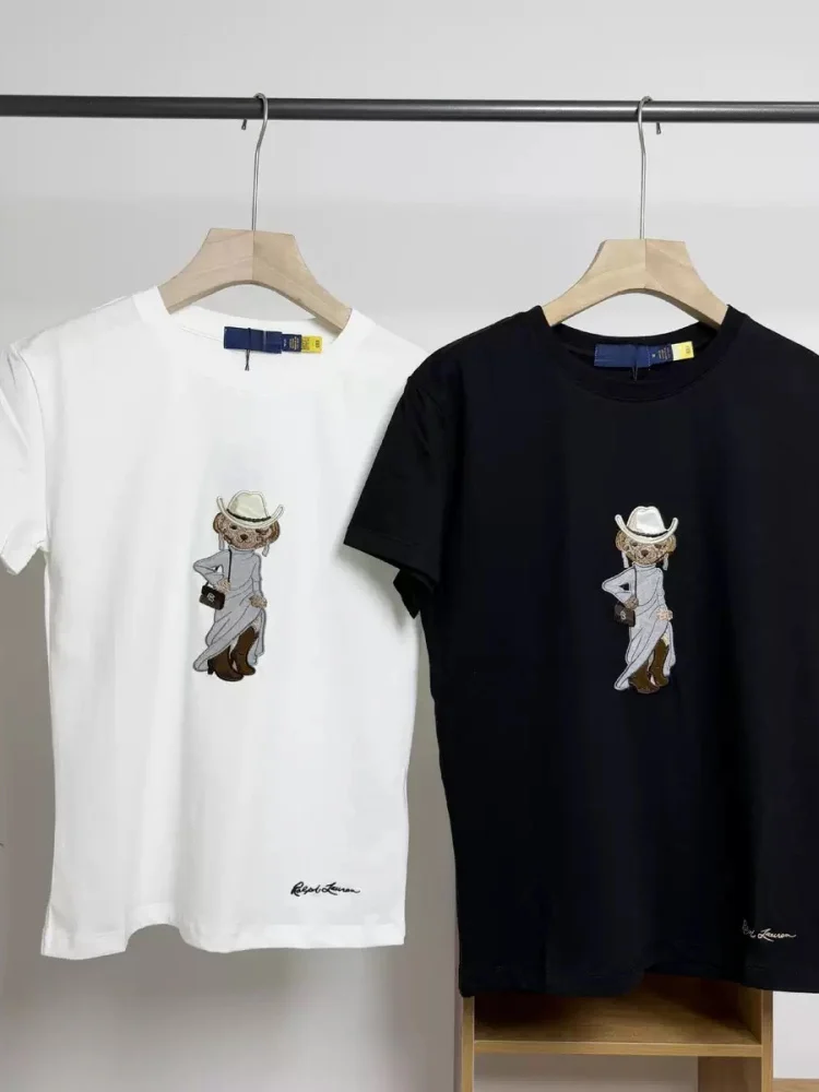 

Высококачественная летняя футболка свободного кроя из чистого хлопка с вышивкой медведя, женский удобный дышащий повседневный топ