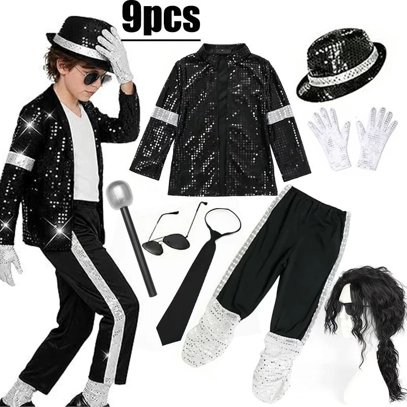 Children Boys Halloween Carnival Cosplay Costume Sequined Jacket Pants Hat Gloves Pop Theme Party Performance Dress Up Set