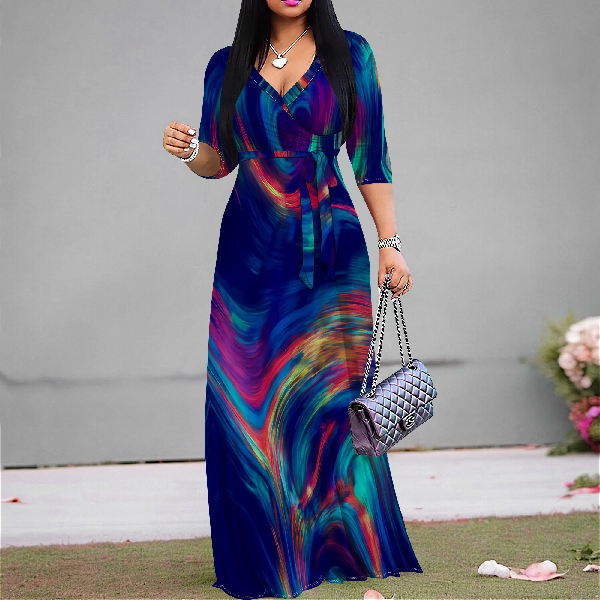 

Colorful Swirl Print Maxi Dress S-3XL V-Neck Wrap Style for Summer Vacation, Art Show or Evening Gala Look