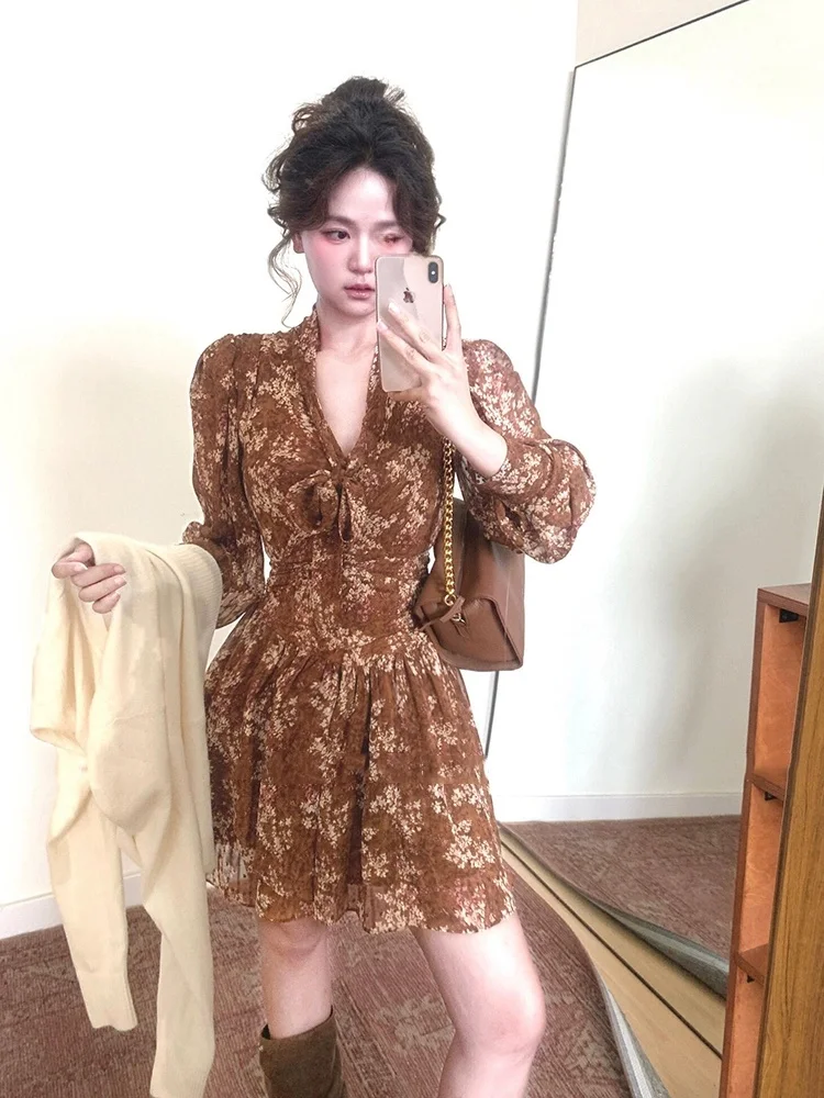 

Женская юбка XZY с цветочным принтом в стиле ретро, с завышенной талией, для ранней осени, с эффектом утягивания талии, с V-образным вырезом и завязками спереди, больших размеров