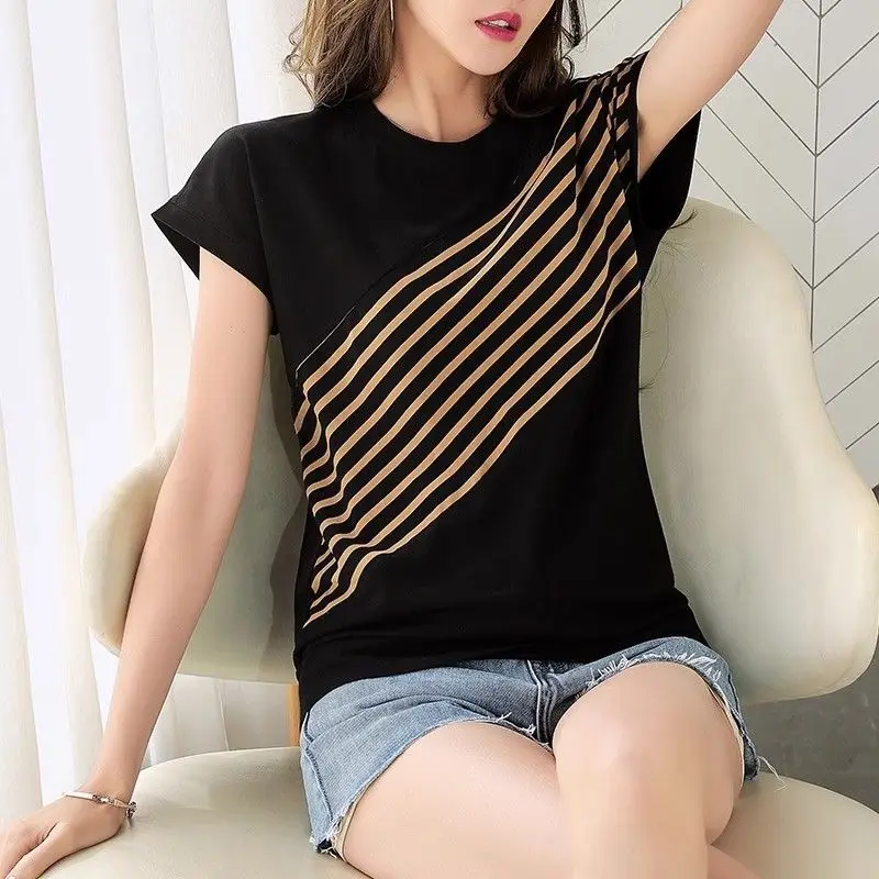أعلى يغطي البطن الدهون فتاة كبيرة الحجم فضفاضة القطن قصير الأكمام تي شيرت الملابس النسائية العصرية