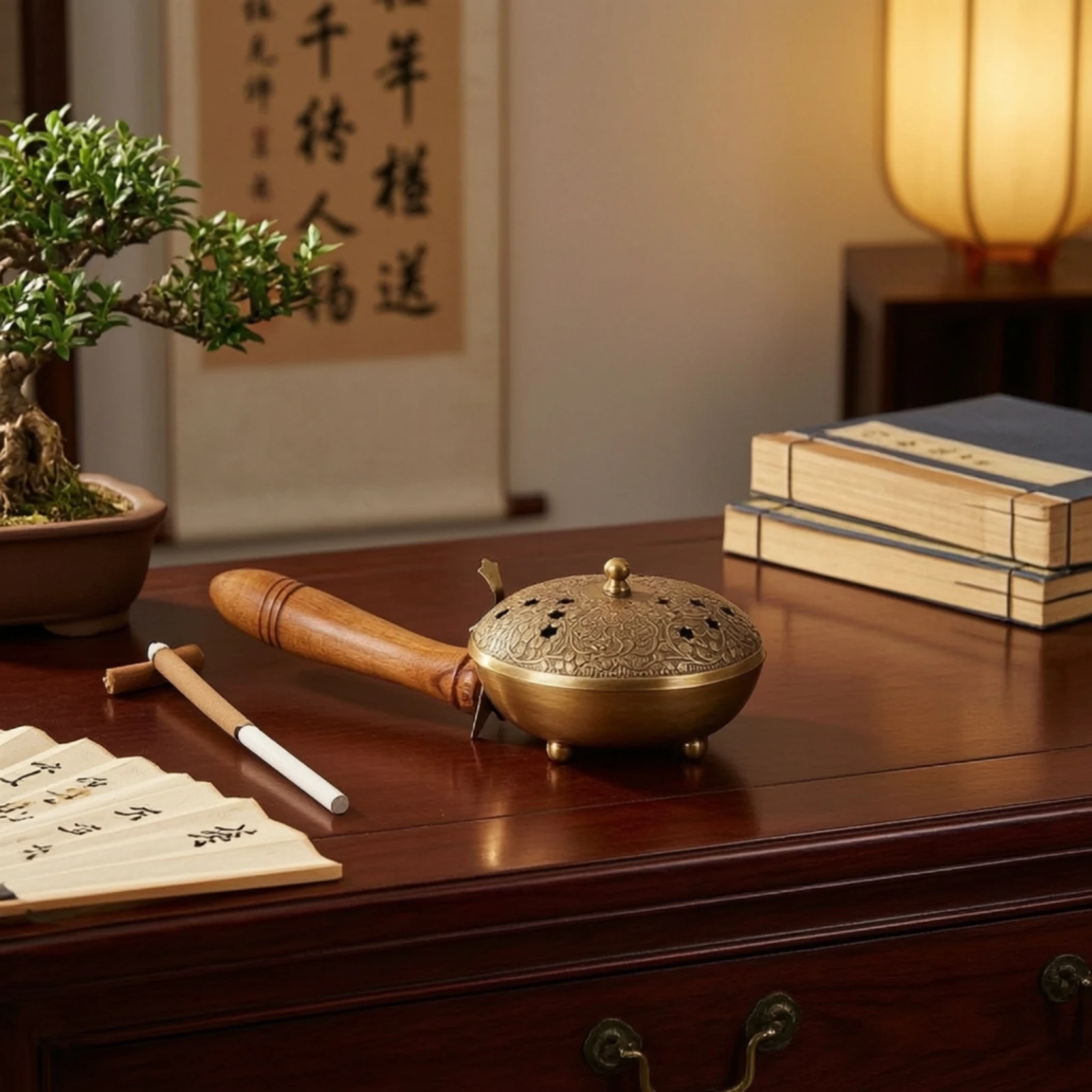 Incense Burner with Handle Wooden Tabletop Censer Carved Decorative for Meditation, Tea Table