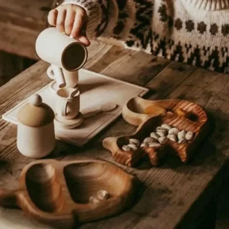 Bandeja de aperitivos de ardilla de madera artesanal con doble compartimento para frutos secos, semillas de girasol, cacahuetes, cerezas, decoración del hogar, cuenco de edamame con pedestal
