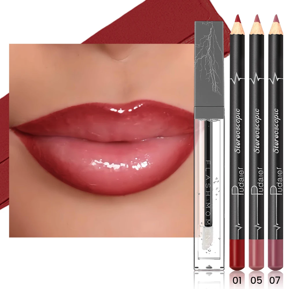 Juego de delineador de labios y aceite labial de 4 piezas: delineadores de labios suaves y duraderos para contornos definidos y aceites labial hidratantes