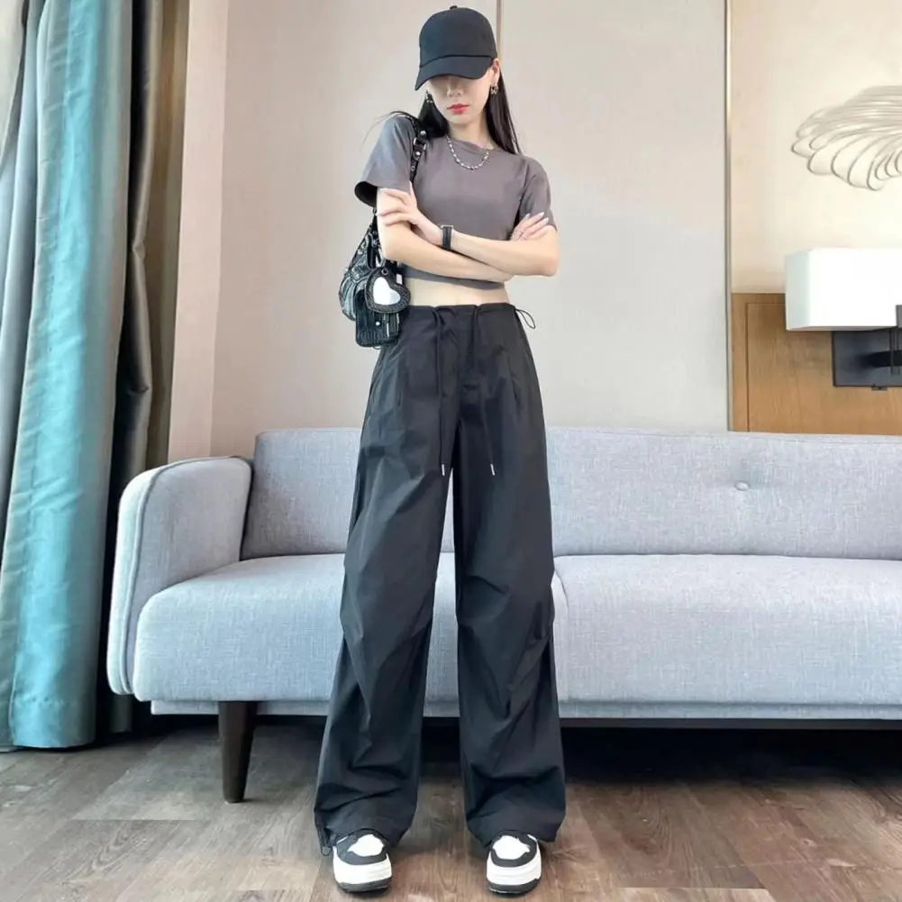 Wide-leg Pants Solid Color Women's Cargo Pants with Elastic Waist Adjustable Drawstring Stylish Straight Wide Leg Mountaineering