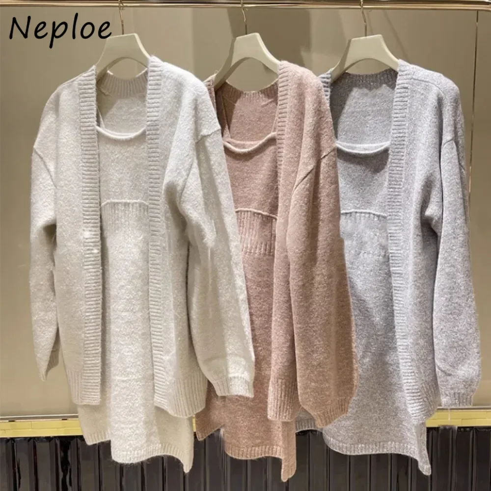 Neploe New Elegant Long Sleeve Set Cardigan Sling Strapless Patchwork Slim Fit Robe Japanese Knit Moda French Style Suit Dress