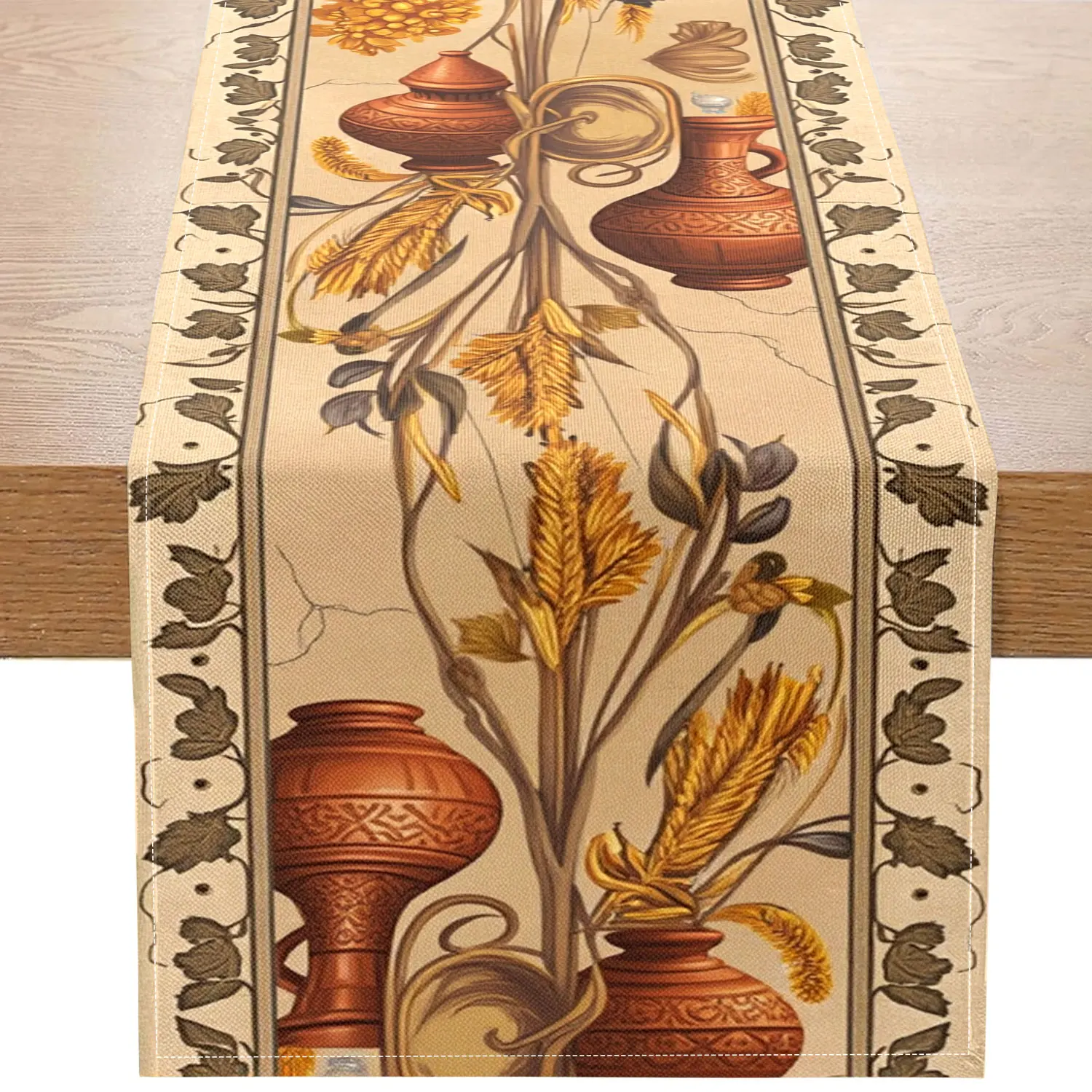 

Цельная дорожка для стола в виде винтажного глиняного горшка с надписью «Пшеничные уши», с глиняными горшками, пшеничными ушками и цветами в качестве основных мотиваций, подходит для домов и собраний в пасторальном стиле на урожай.