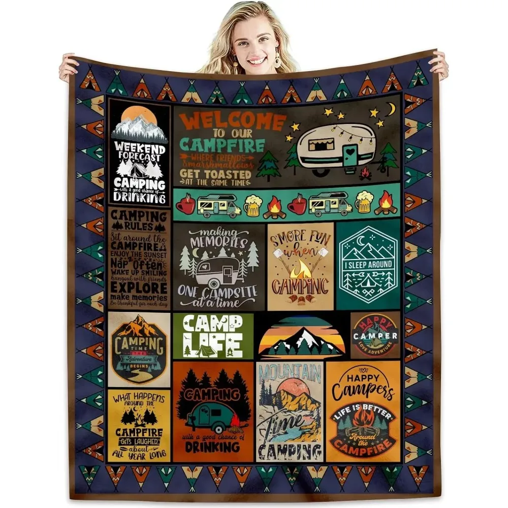 VIKAMA Vintage Camping Style Blanket Multi Functional Warm Home Camping Outdoor Nap Blanket Room Decoration