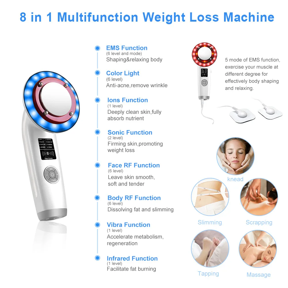 8-in-1 Ultrasonic Body Slimming Device LED Color Light EMS Warm Therapy Bursting Fat Vibration Shaping Beauty Device