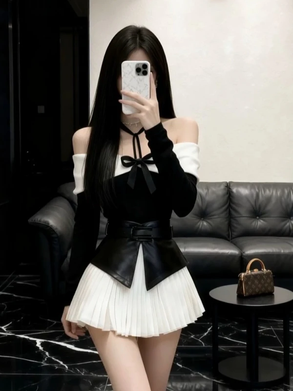 

Осенне-зимний комплект: юбка из искусственной кожи с утягивающим эффектом и топ на одно плечо, с высокой талией, теплый, модный