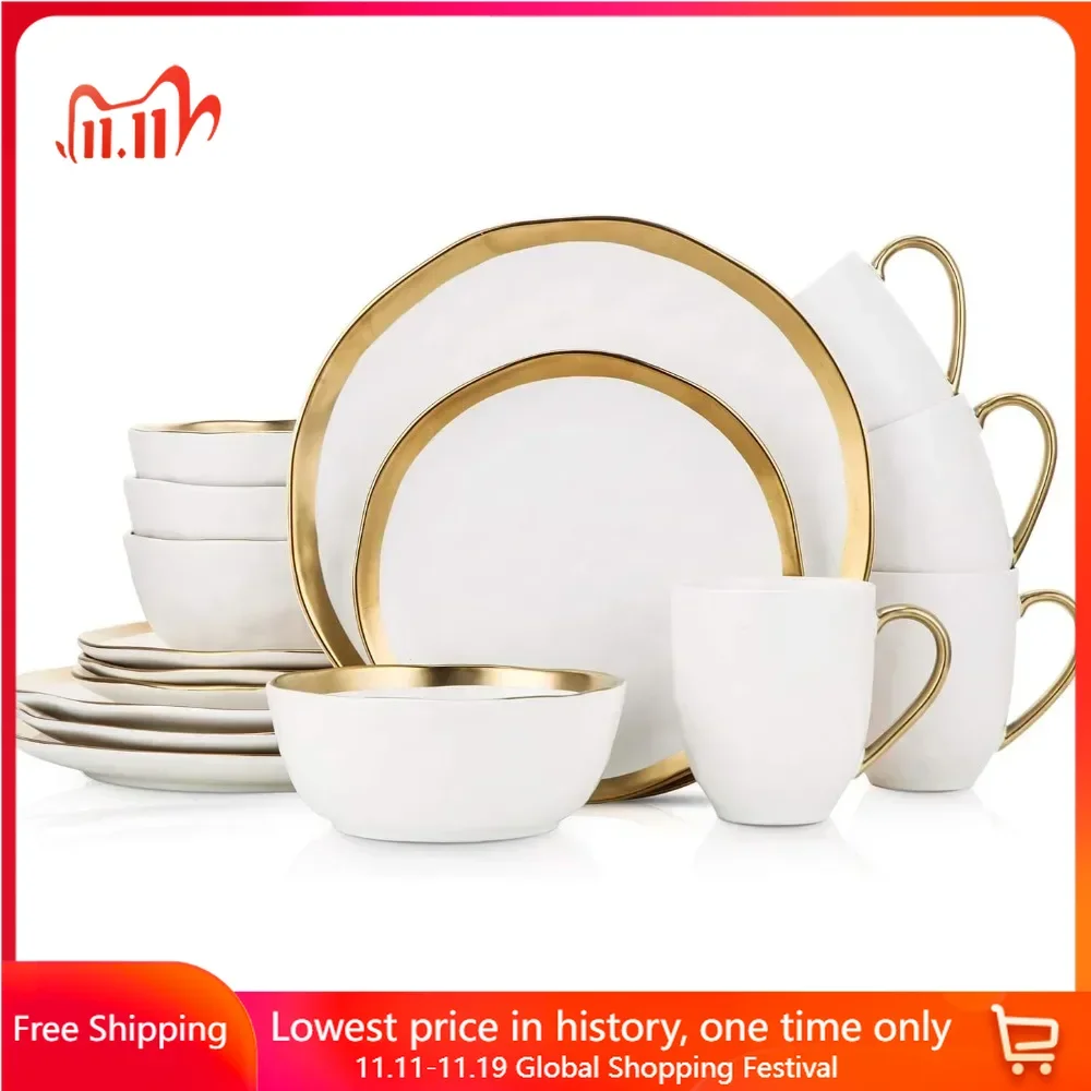 Dinnerware Set, Plates and Bowls Sets, Dish Set for 4, Expertly Crafted White Porcelain, 16 Piece Dinnerware Set