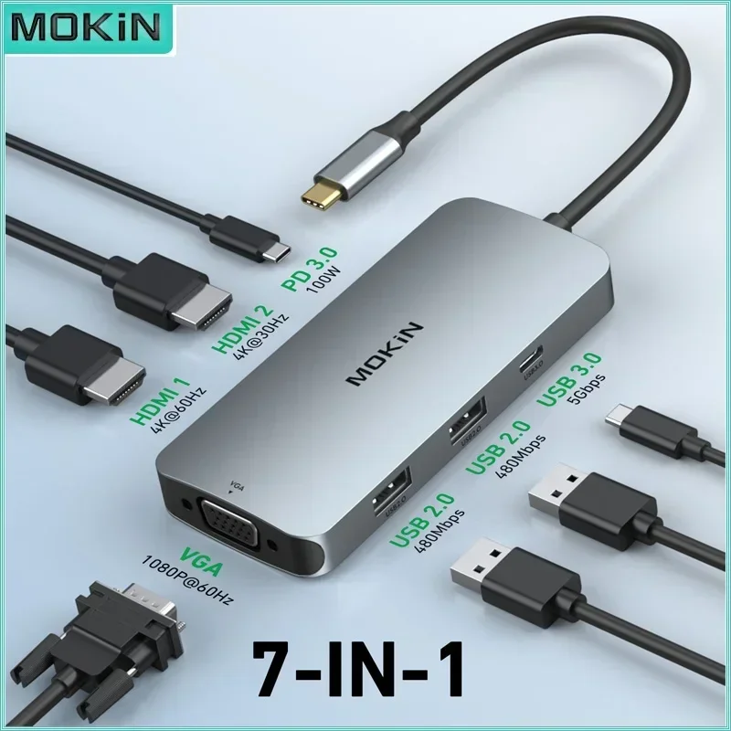 MOKiN 7 in 1 USB C Hub Docking Station for Mac iPad Laptop PC Accessories 4K 30Hz/60Hz HDMI 3 USB PD 100W