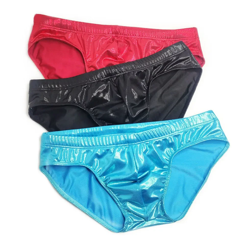 PU Leather Push Up Men Swim Briefs Sexy Gay Bright Bikini Swimwear Swimsuit Male Swiming Trunks Penis Pad Surf Beach Shorts