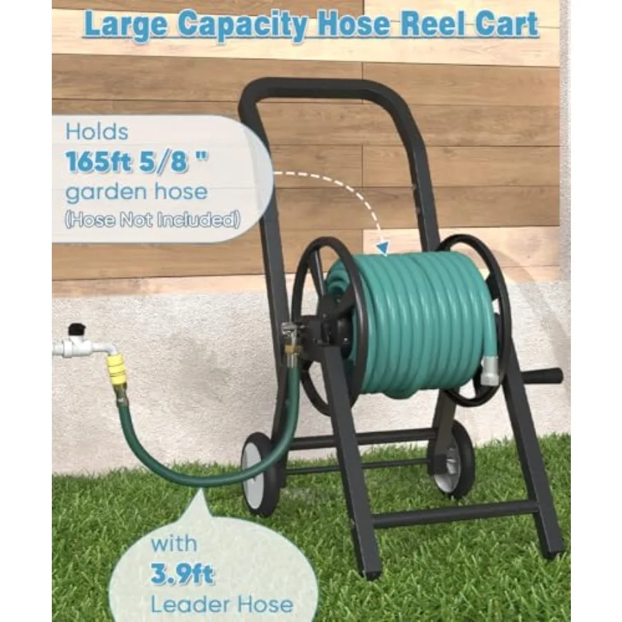 Garden Hose Reel Cart with Wheels, Holds 165 ft of 5/8'' Hose Outdoor Heavy Duty Powder-coated Steel Water Storage Holder Rack