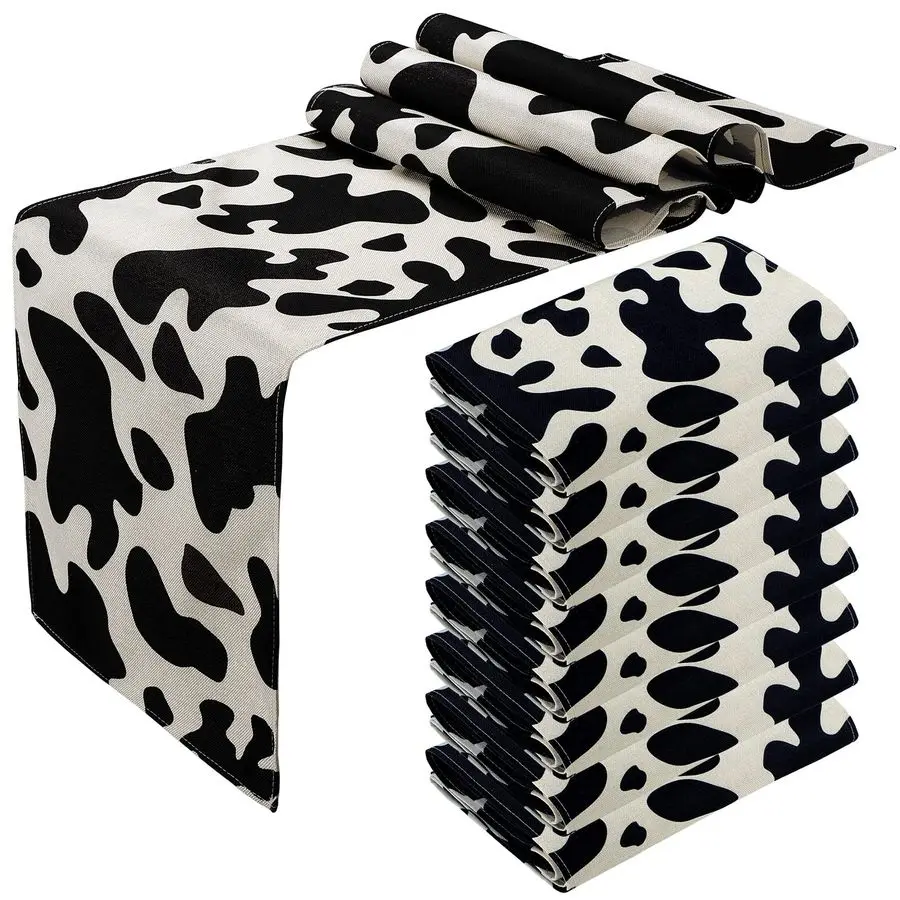 

8 Pcs Linen Cow Print Table Runner Farm Black and White Cowhide Tablecloth Cow Print Table Cloths for Parties Kitchen Western Ba