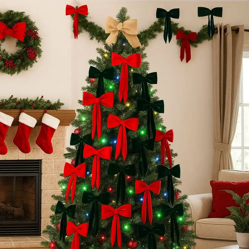 

Flocking Christmas Bow Decoration Red Green Butterfly Large Bow Decor Soft Giant Bow Hanging Bowknot New Year Celebration