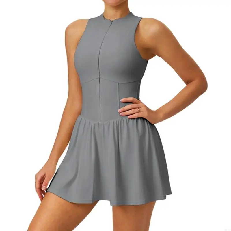 Dehnbares Trainingskleid für Damen. Sportliches A-Linien-Kleid mit Innenshorts und Taschen für Tennis, Fitness, Pilates, Laufen. – Detail 5