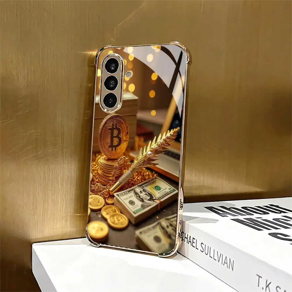 Bitcoin pattern Electroplated four-cornered glass phone case for Samsung Galaxy S26/22/23/24/25 PLUS/S21/22/23/24/25 ULTRA