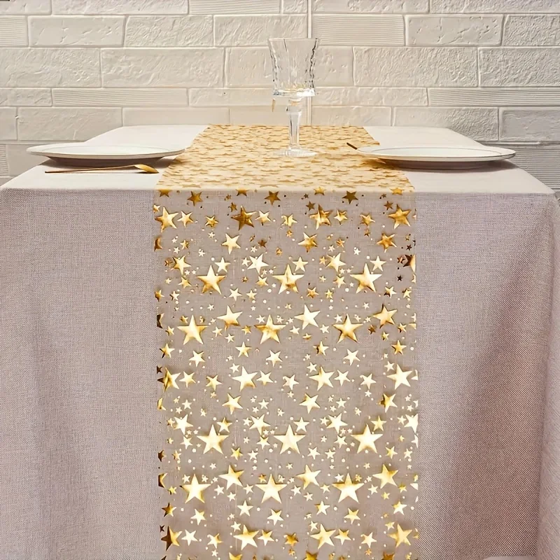 1 Roll Golden Star Sequin Table Runner, Polyester Rectangular Table Runner with Shiny Star Design, for Christmas,Valentine's Day