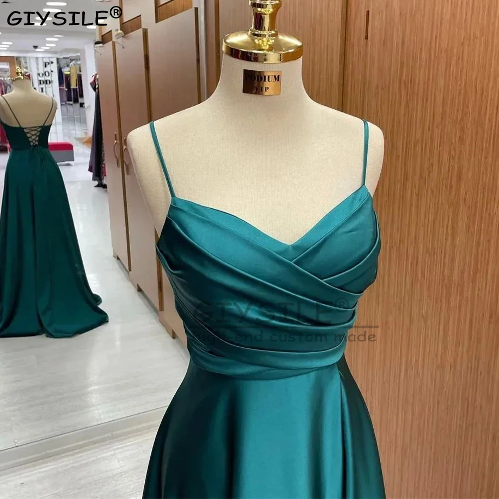 

GIYSILE Customized Drak Green A Line Formal Dresses V Neck Pleat Special Occasion Dresses Sweetheart Spaghetti Strap Prom Gowns
