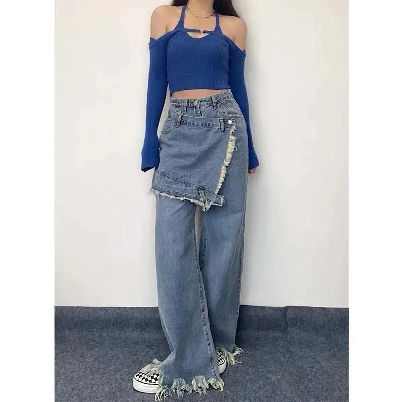 

Vintage Patchwork High Waist High Tassels Blue Straight Jeans Pants Korean Fashion Women's Wide Leg Baggy Y2K Denim Trouser