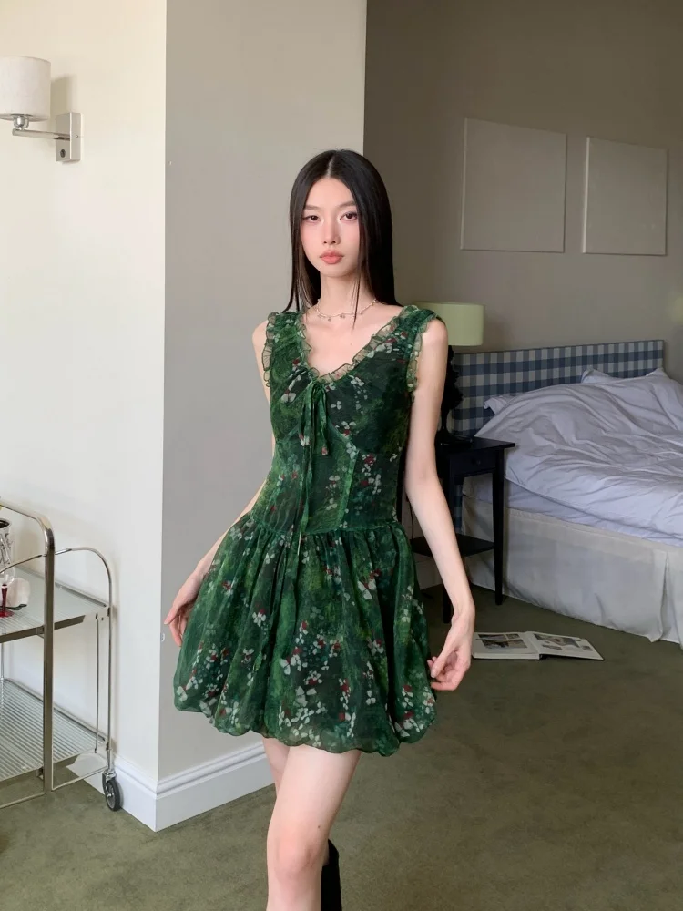 Cheerart チュールグリーン花柄フリルショートドレス 2025 女性ノースリーブボールガウンシフォンミニ誕生日ドレス高級夏