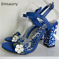 Rivet Flower Embellished Modern Sandals Women Blue And White Porcelain Print Chunky Heel Ankle Strap Summer Shoes