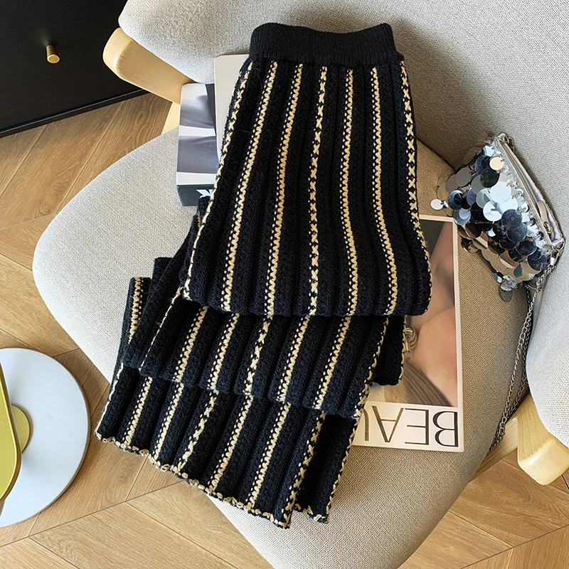 Women Wide Leg Knitted Pants Trousers 2025 Autumn High Waisted Straight Full-length Vintage Fashion Elegant Ladies Pants