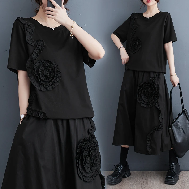 

3D Flowers New Summer Japanese Style Woman Black Two Piece Set A-Line Skirt Oversized Top Loose Fit Casual Wear