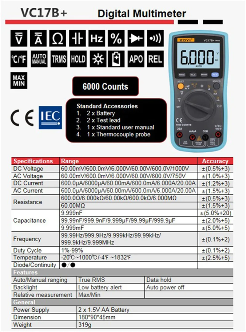 ZOYI VC17B+ Digital Multimeter 6000 Counts AC DC Ammeter Voltmeter Ohm Capacitance Hz Temp Auto Multimetro Tester LCR ESR Meter