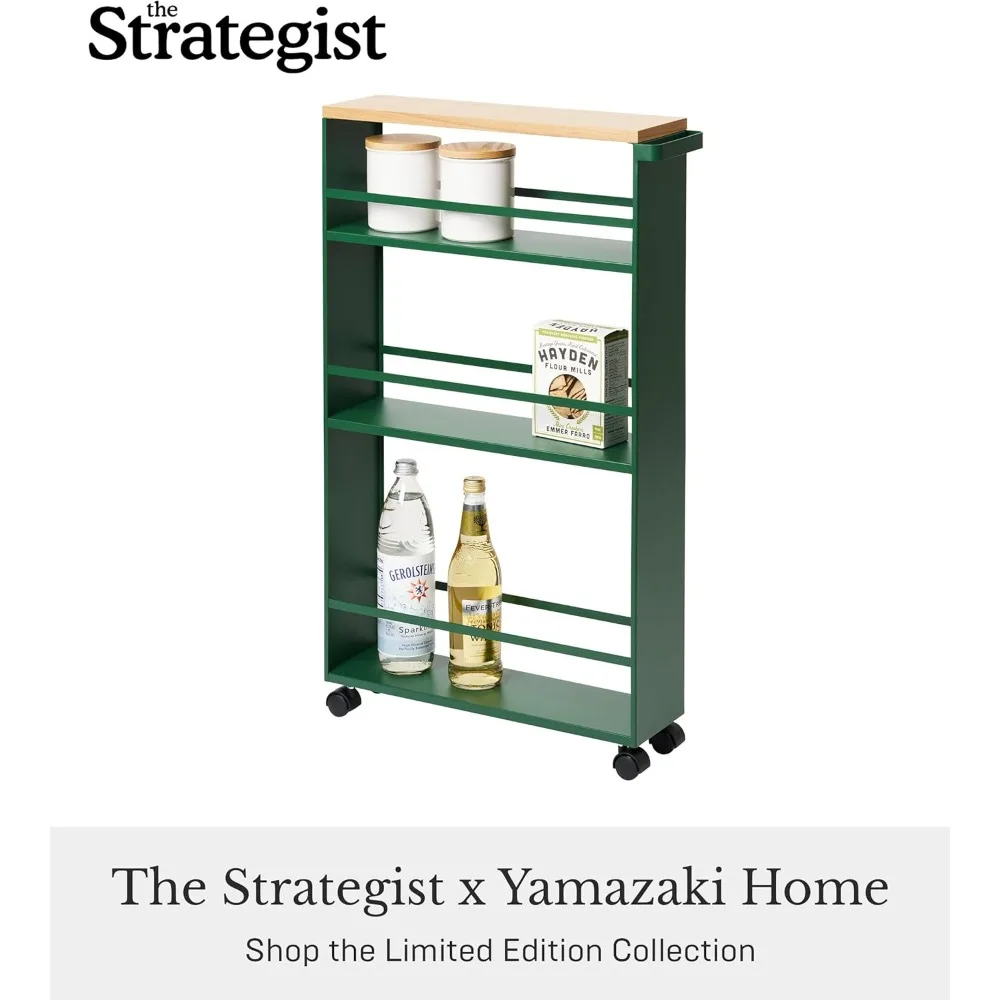 عربة أدوات دوارة من 3 طبقات موفرة للمساحة في المطبخ مع مقبض، فولاذ، أخضر غابة، تصميم نحيف للتخزين الفعال