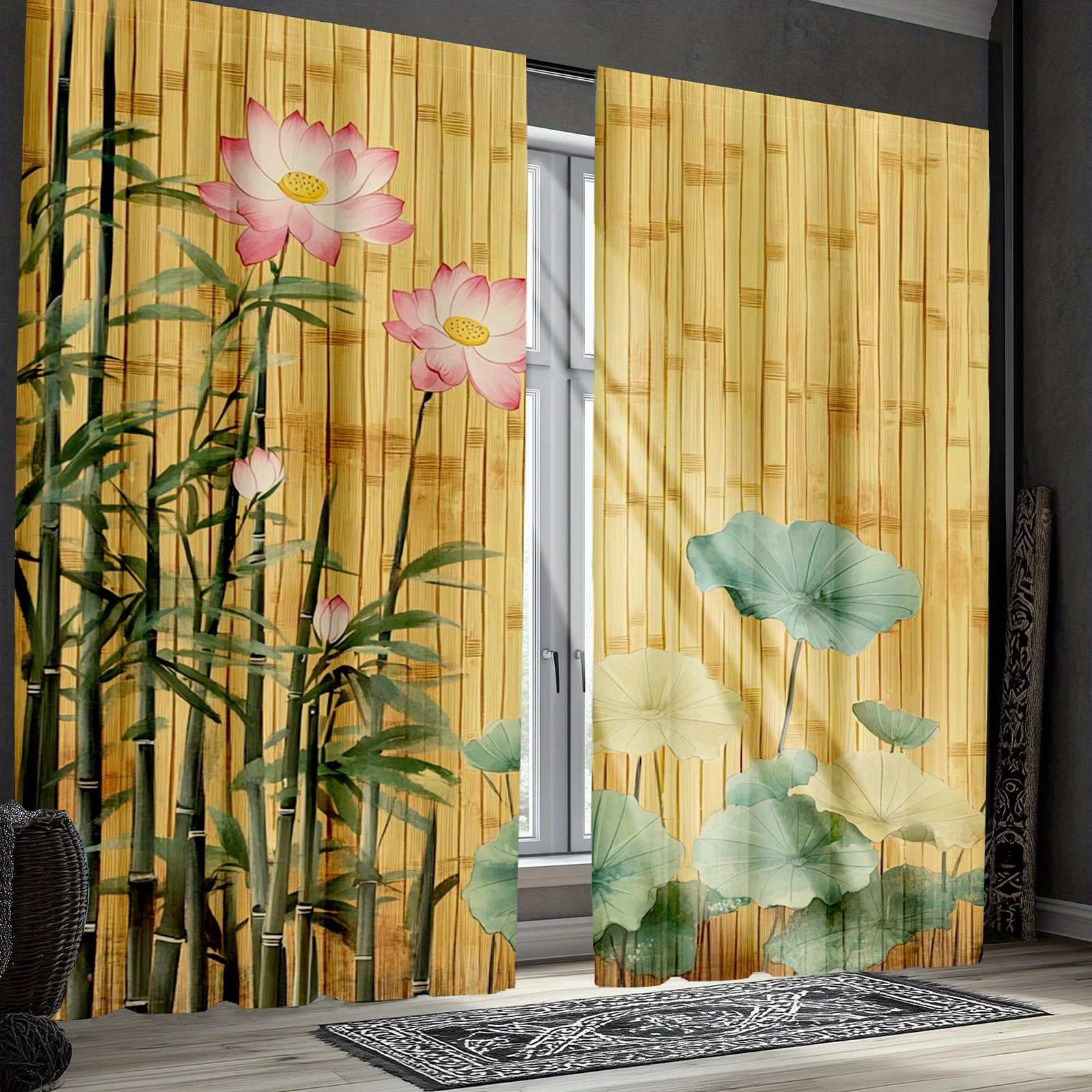 2pcs Bamboo Lotus Oriental Zen Curtains Blackout Drapes for Study Asian Decor Traditional Plant Print Window Treatment Panels
