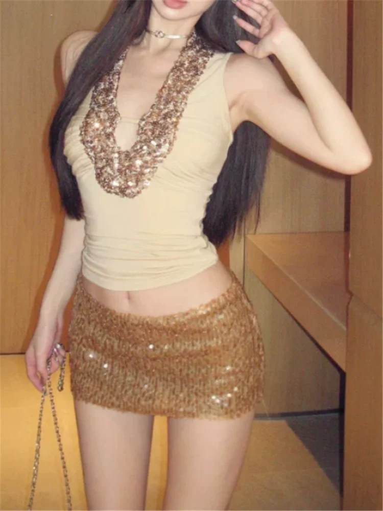 Splicing Sequined V Neck Sleeveless Crop Tops New Summer Stunning Women Slim Short Vest Bottoming Shirt Spicy Girl Camis Tank