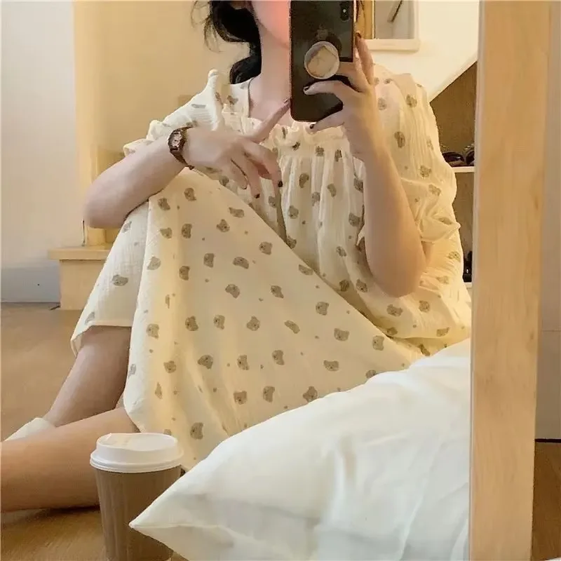 Cute Nightwears Mid Length Korean Version Women\'s Home Wear Dress New Pajamas Sleepwear Women\'s Cotton Clothes for Sleep Summer